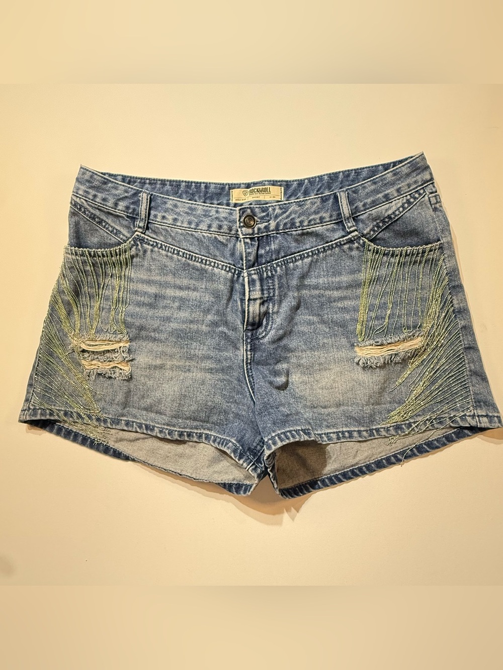 Rock & Roll Denim High Rise Rhinestone Fringe Distressed Shorts Waist Size 34